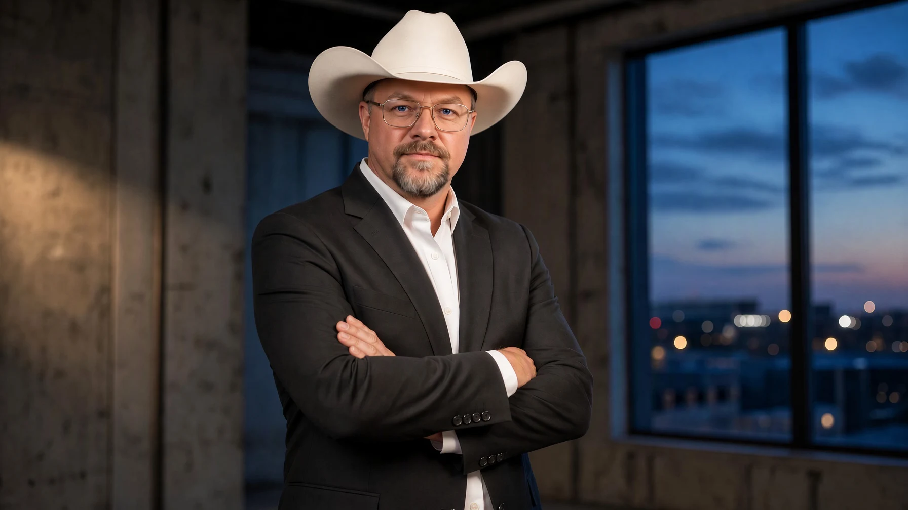 Chad Sanders in a city loft, white hat and black blazer, arms crossed, city at dusk
